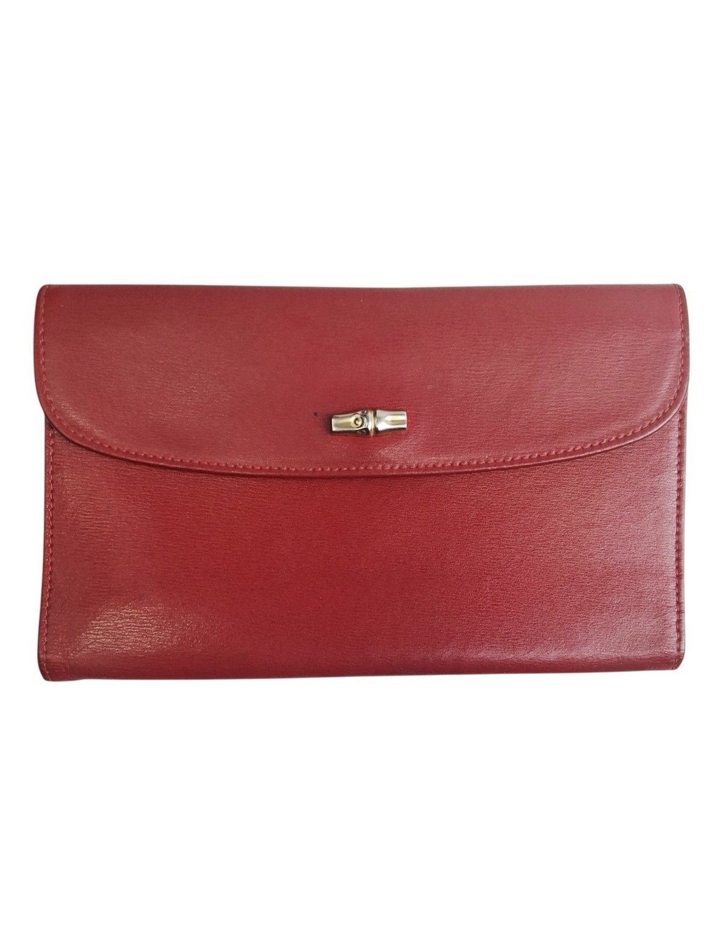 Vintage Longchamp Roseau Red Leather Clutch Wallet Bamboo Toggle